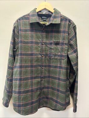 Eddie Bauer Green Plaid Flannel Button-Down Shirt